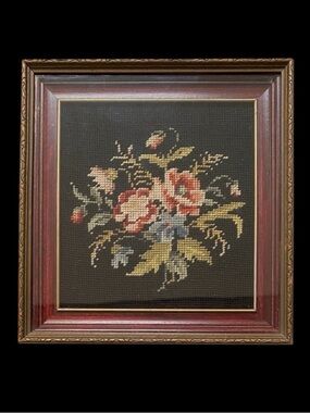 Antique Black Wool Floral Needlepoint Framed Art Panel Handmade Bouquet Flowers